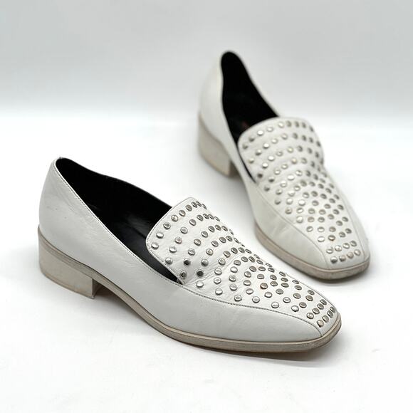 RACHEL COMEY Studded Leather Loafers Women 37 White Silver Square toe Block Heel - Picture 1 of 12